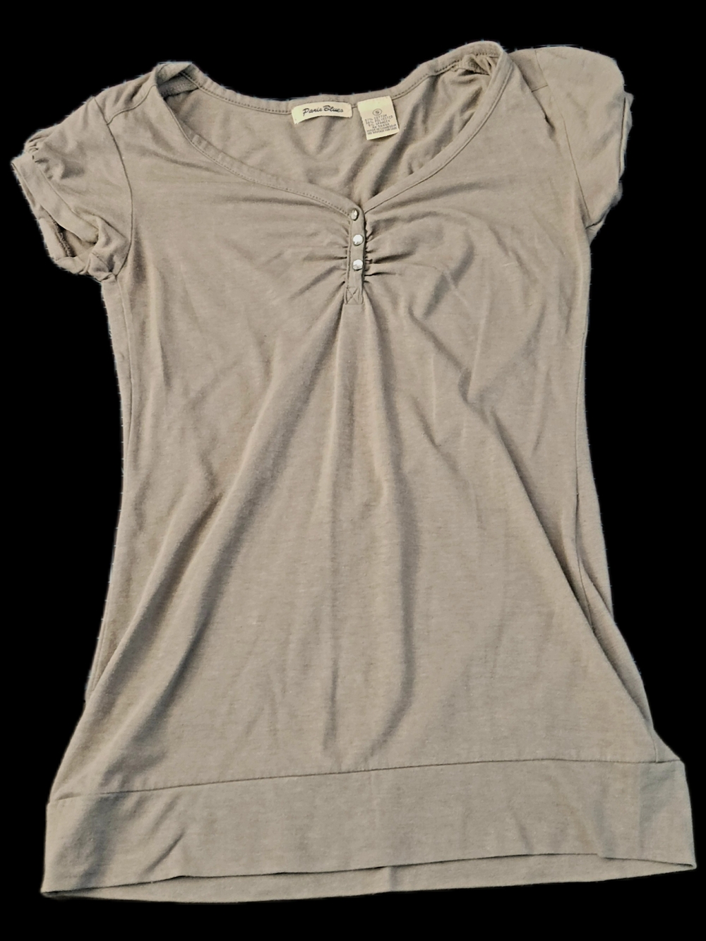 #C137 Paris Blues Taupe Short Sleeve Scoop-Neck Top with Button Detail